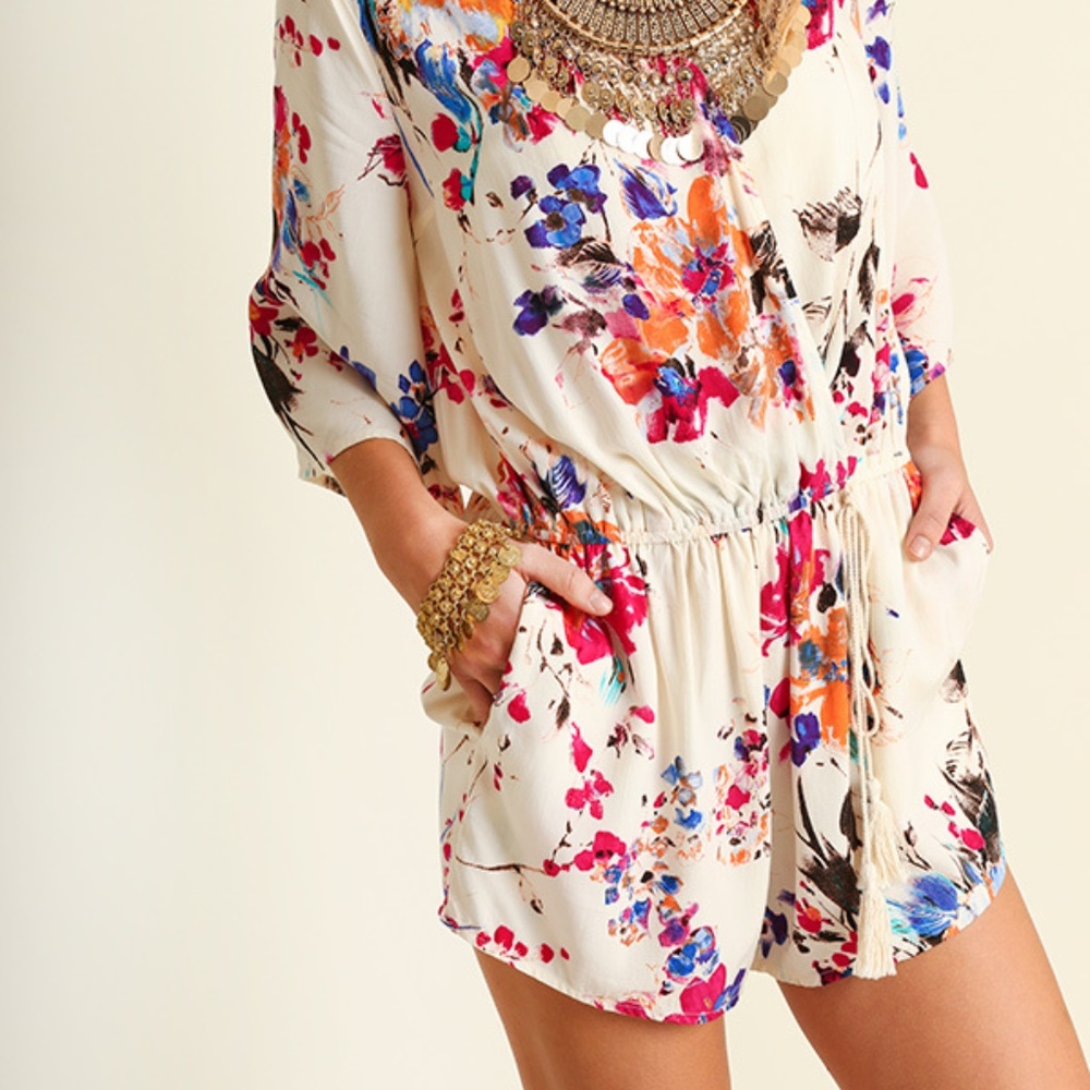 Umgee V-neck Floral Romper w/Tassel Waist - Picture 1 of 7